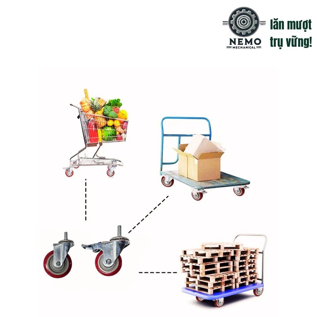 Bánh xe đẩy hàng PVC đỏ mận, cọc vít, có bạc đạn, đường kính 7cm, 10cm, 12cm, 105-135kg /bánh